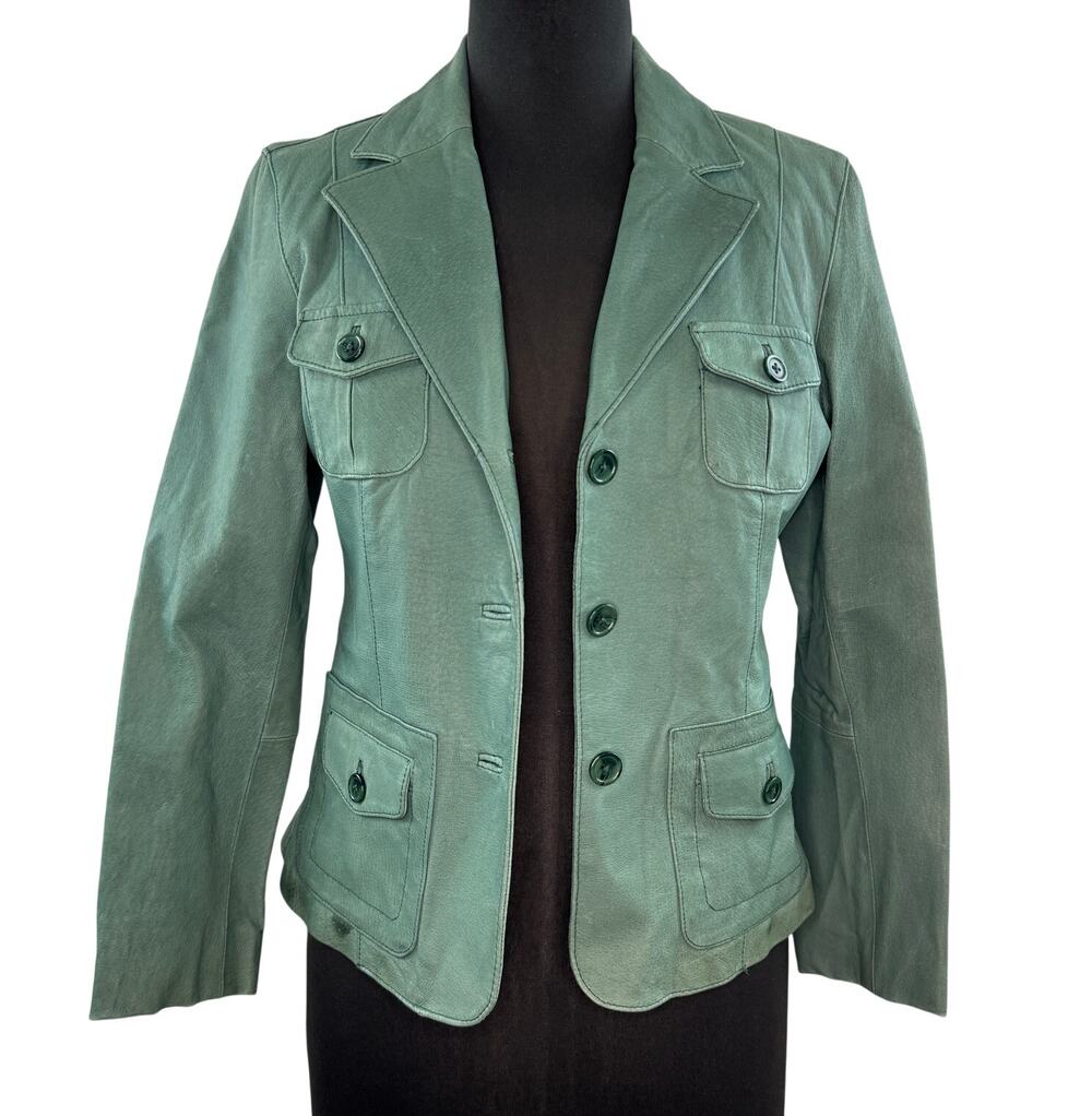 Vintage 90s' Y2K Naf Naf Green Blazer Jacket Pebbled Leather Notch Lapel Size 42